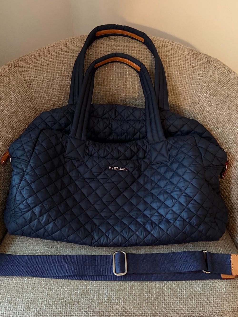 MZ Wallace Quilted Nylon Travel Tote in Navy with Tan Accents